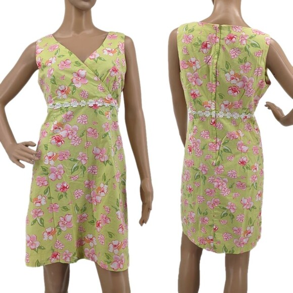 Vintage y2k Bay Studio Midi Dress Faux Wrap Floral Green Crochet Size Petite M - Picture 2 of 10